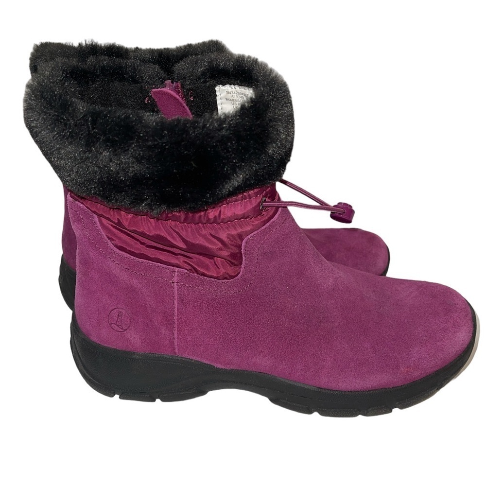 Lands End Women's Ankle Booties Size 8.5B Purple Suede and Nylon Faux Fur Trim